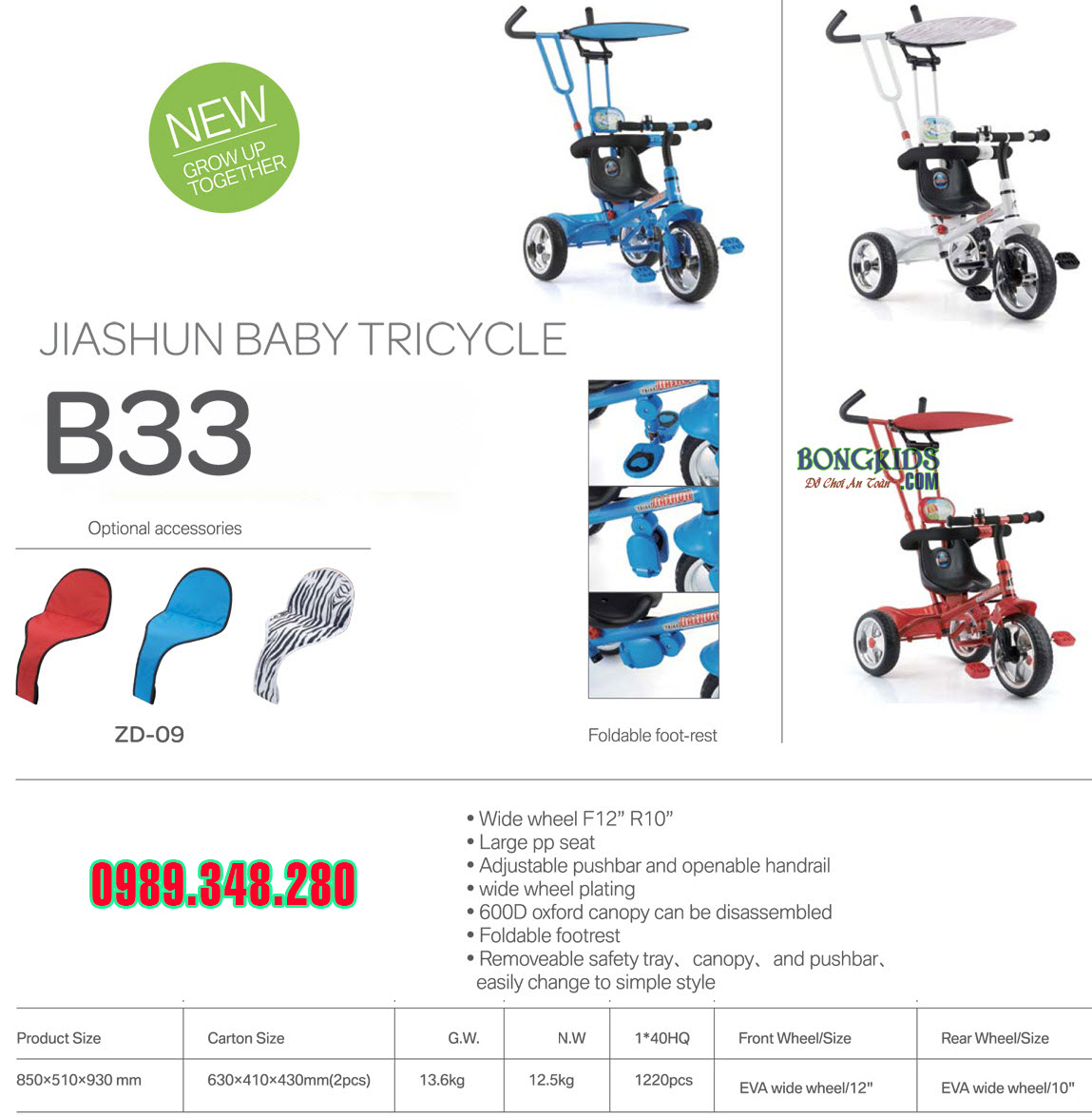 Xe ba bánh trẻ em B33 có mái che - cần đẩy chi tiết