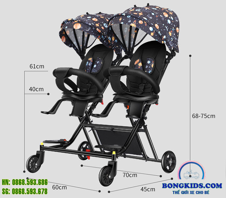 Kích thước xe đẩy gập gọn cho bé sinh đôi HFL Kích thước xe đẩy gập gọn cho bé sinh đôi HFL