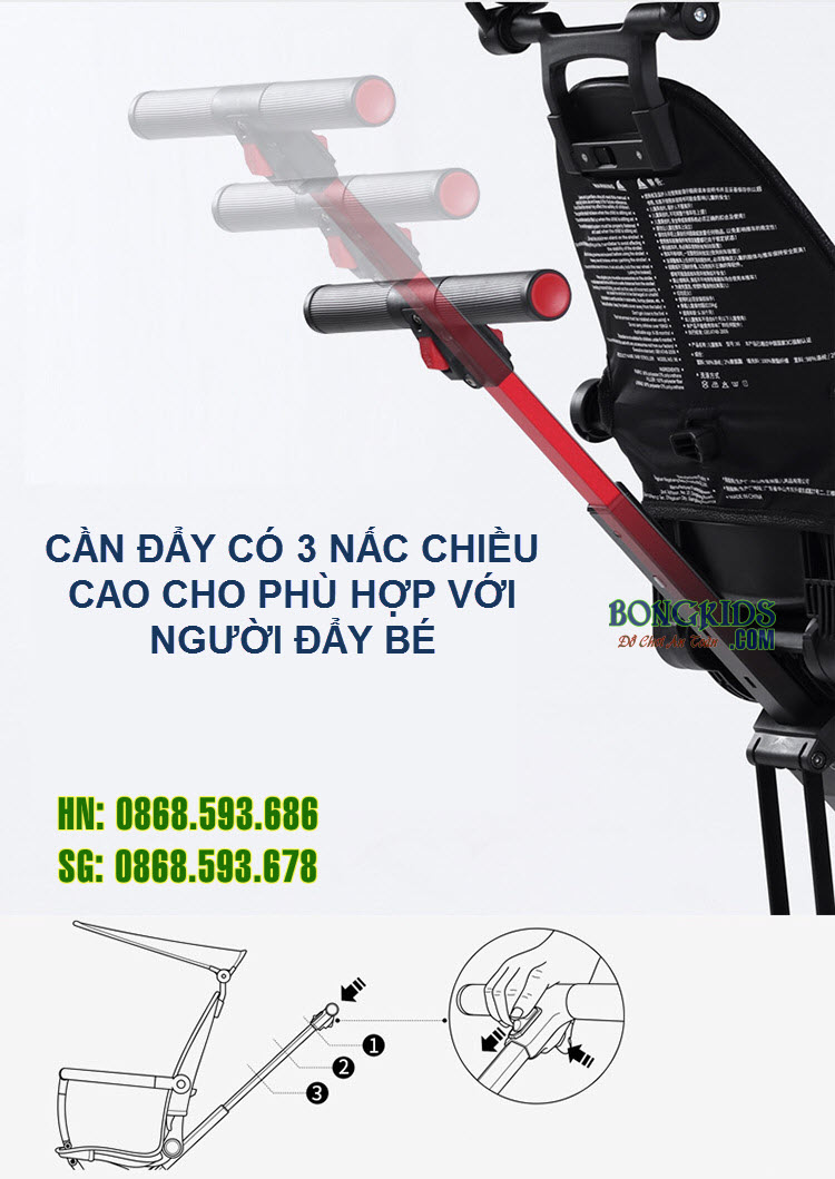 Xe đẩy thông minh 4 bánh gấp gọn X6 - Chỉnh chiều cao tay đẩy